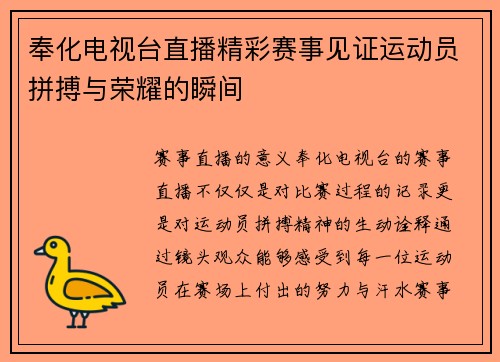 奉化电视台直播精彩赛事见证运动员拼搏与荣耀的瞬间