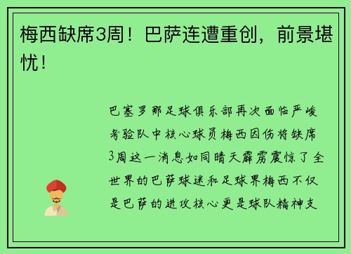 梅西缺席3周！巴萨连遭重创，前景堪忧！