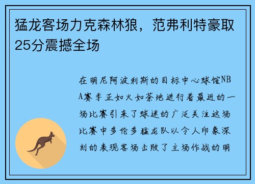 猛龙客场力克森林狼，范弗利特豪取25分震撼全场